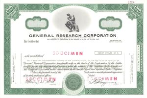 General Research Corp. -  1961 Specimen Stock Certificate