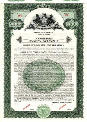 Harrisburg Housing Authority - 1940 dated $1,000 Specimen Bond