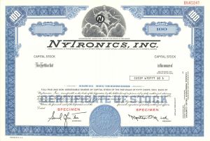 Nytronics, Inc. - 1967 dated Specimen Stock Certificate