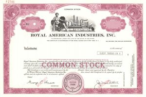 Royal American Industries, Inc. -  1958 dated Specimen Stock Certificate