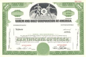 Screw and Bolt Corporation of America -  1929 dated Specimen Stock Certificate