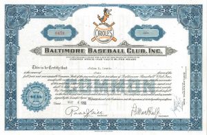 Orioles Baltimore Baseball Club, Inc. - 1965 dated Sports Stock Certificate