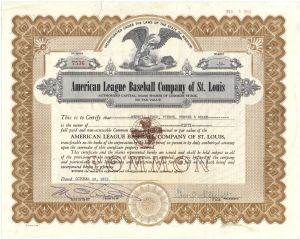 American League Baseball Co. of St. Louis - 1953 dated St. Louis Browns Stock Certificate - Margin Repairs