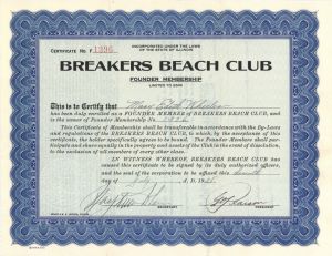 Breakers Beach Club - Membership Certificate