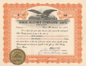 Sokol Slavsky Gymnastic Association - 1926 dated Cicero, Illinois $100 Bond - Rare Variety
