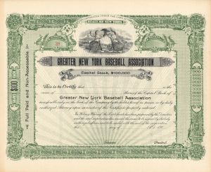 Greater New York Baseball Association - Sports Stock Certificate