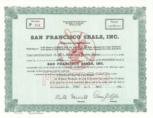San Francisco Seals, Inc. - Stock Certificate