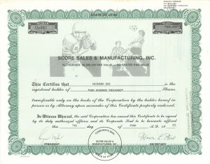 Score Sales and Manufacturing, Inc. - 1980's dated Sports Stock Certificate - Out of Salt Lake City, Utah