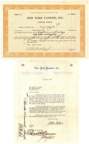 Only Known "New York Yankees" Treasury Stock Certificate in Private Hands - 1948 dated Autograph Baseball Stock Certificate