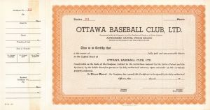 Ottawa Baseball Club, Ltd. - Unissued Sports Stock Certificate