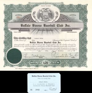Buffalo Bisons Baseball Club Inc. - 1956 dated Stock Certificate