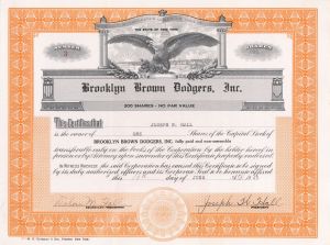 Brooklyn Brown Dodgers, Inc. - 1945 dated Stock Certificate