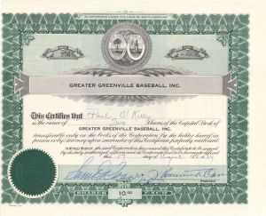 Greater Greenville Baseball Inc. - 1954 dated Stock Certificate