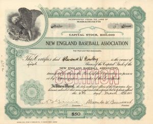 New England Baseball Assoc. - 1911 dated Stock Certificate