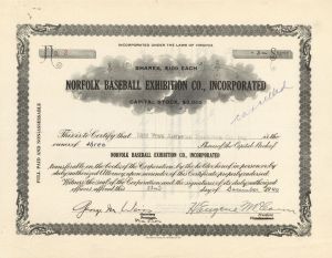 Norfolk Baseball Exhibition Co., Inc. - 1940 dated Stock Certificate