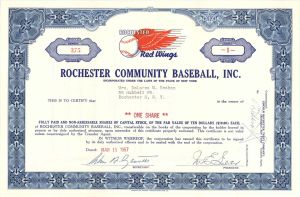 Rochester Community Baseball, Inc. - 1957 dated Sports Stock Certificate