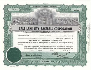 Salt Lake City Baseball Corp. -  1959 dated Stock Certificate
