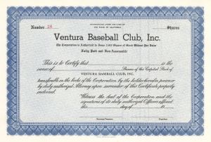 Ventura Baseball Club, Inc. -  Unissued Stock Certificate