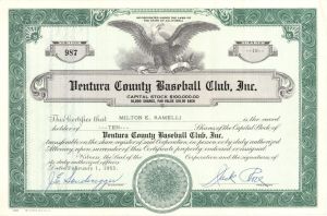 Ventura County Baseball Club, Inc. -  1953 dated Stock Certificate