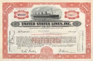 United States Lines, Inc. - 1920's-40's dated Shipping Stock Certificate - Great History