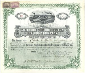 Baltimore Shipbuilding and Dry Dock Co. of Baltimore City - 1902 Shipping Stock Certificate (Uncanceled)