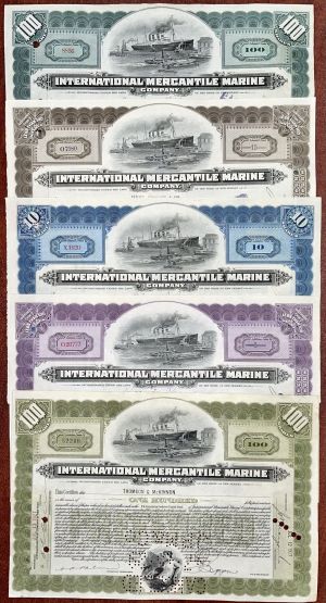 Titanic Group of 5 International Mercantile Marine Stock Certificates - Co. that Made the Titanic - 1917-29 dated Stock Certificate - Set of 5 Colors