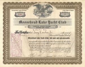 Moosehead Lake Yacht Club - 1908-13 dated Maine Boating Stock Certificate