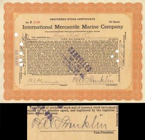 Titanic Stock Signed By P.A.S Franklin who was in Charge During the Titanic Disaster - International Mercantile Marine - Autograph Stock Certificate