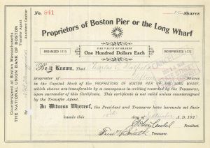Proprietors of Boston Pier or the Long Wharf - Massachusetts Shipping Stock Certificate