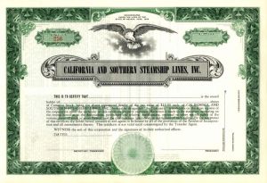 California and Southern Steamship Lines, Inc. - Unissued Shipping Stock Certificate