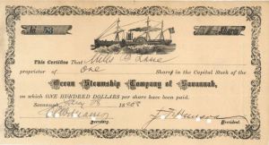 Ocean Steamship Co. of Savannah - Shipping Stock Certificate