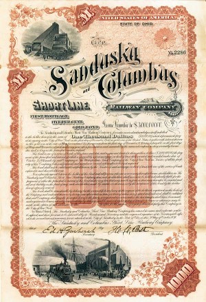 Sandusky and Columbus Short Line Railroad - 1891 dated $1,000 Railway Bond (Uncanceled)