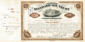 Standard Oil Trust issued to and signed by Miss A. C. Flagler as well as John D. Rockefeller, Henry M. Flagler - 1887 dated Autograph Stock Certificate