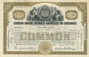 United Cigar Stores Co. of America - 1929 dated Cigar Stock Certificate - Very Rare Type