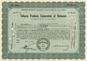 Tobacco Products Corporation of Delaware - 1932 Stock Certificate