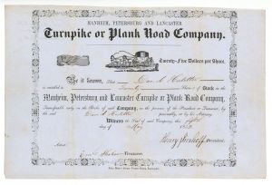 Manheim, Petersburg and Lancaster Turnpike or Plank Road Co - Stock Certificate