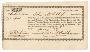 Westminster, Taney-Town, and Emmitsburg Turnpike Road - Stock Certificate