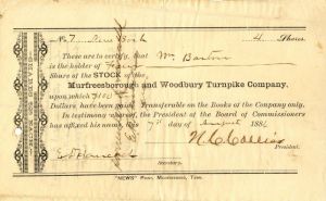 Murfreesborough and Woodbury Turnpike Co. - Stock Certificate