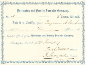 Burlington and Beverly Turnpike Co. - Stock Certificate