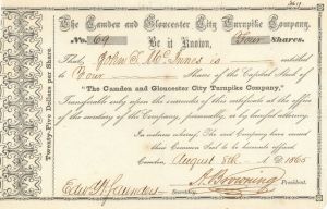 Camden and Gloucester City Turnpike Co. - Stock Certificate