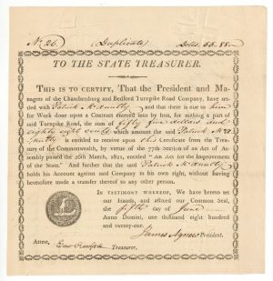 Chambersburg and Bedford Turnpike Road Co. - Stock Certificate