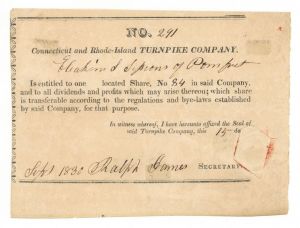 Connecticut and Rhode-Island Turnpike Co. - Stock Certificate