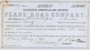 Gouverneur, Somerville and Antwerp Plank Road Co. - Stock Certificate