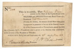 Milford and Owego Turnpike Road Co. - Stock Certificate