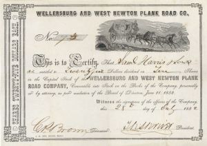 Wellersburg and West Newton Plank Road Co. - Very Rare Turnpike Stock Certificate