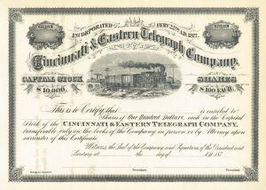 Cincinnati and Eastern Telegraph Co - 1870's dated Communication Stock Certificate - Unissued