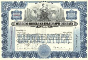 SPECIAL PRICE Marconi Wireless Telegraph - circa 1910's Gorgeous Partially Issued Stock Certificate - Marconi Was Aboard the Titanic