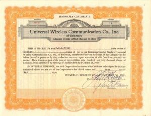 Universal Wireless Communication Co., Inc. - Stock Certificate