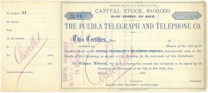 Puebla Telegraph and Telephone Co. - Unissued Telecommunications Stock Certificate