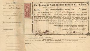 Houston and Great Northern Railroad Co. of Texas -  Stock Certificate